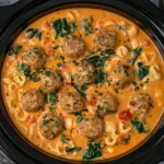 Slow Cooker Meatball Soup with Italian meatballs, pasta, spinach, tomatoes, and creamy tomato broth in a crockpot
