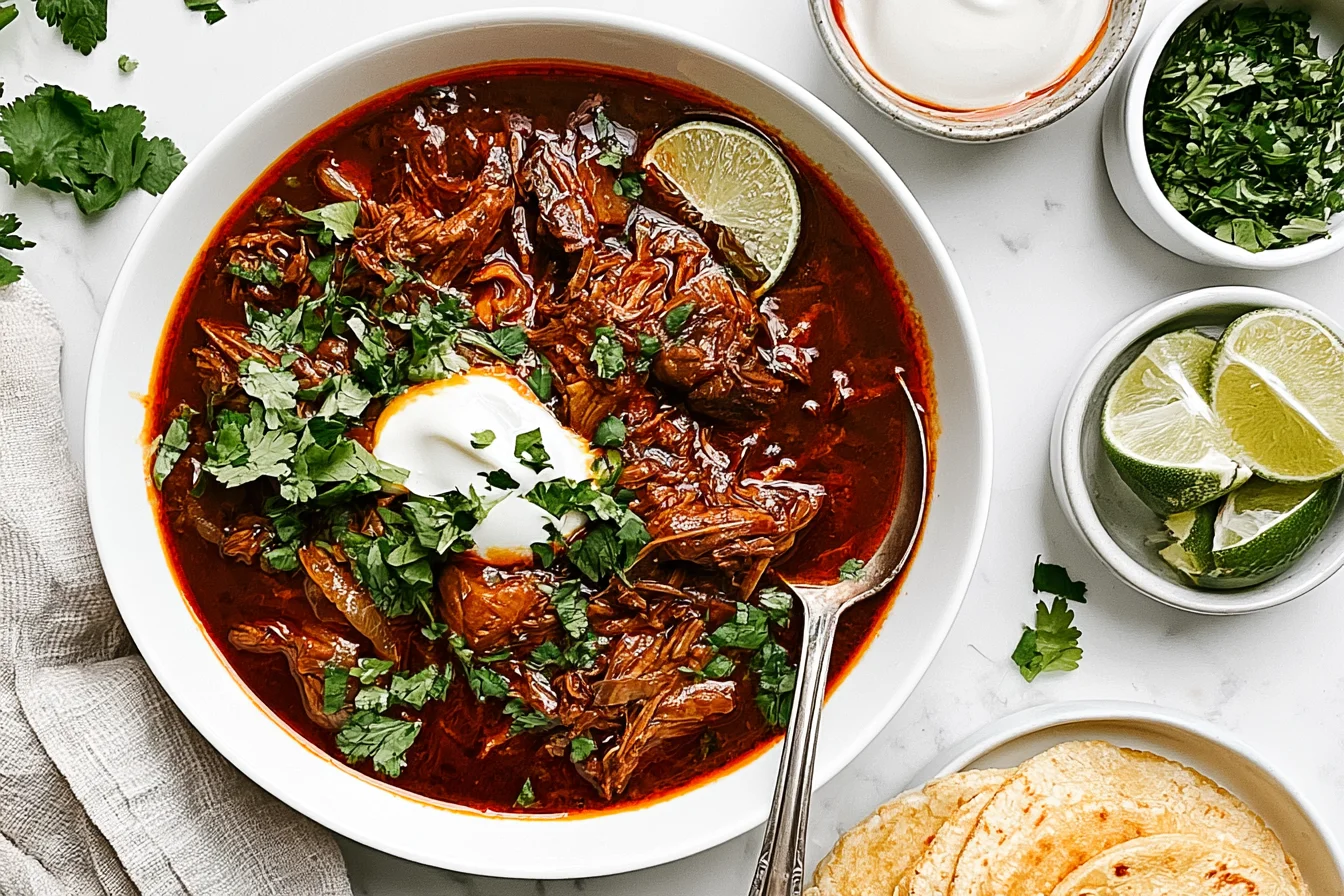 Mexican birria with tender shredded beef in rich red chile consommé, topped with cilantro and lime.