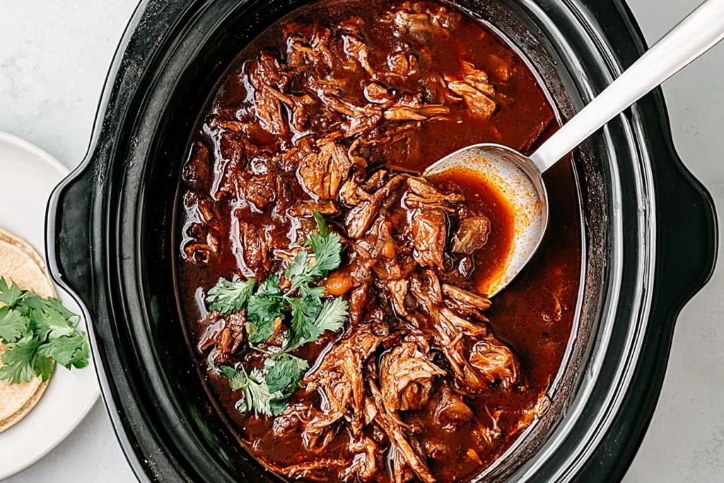 Slow cooker Mexican birria with tender shredded beef simmered in a rich red chile consommé and topped with fresh cilantro.