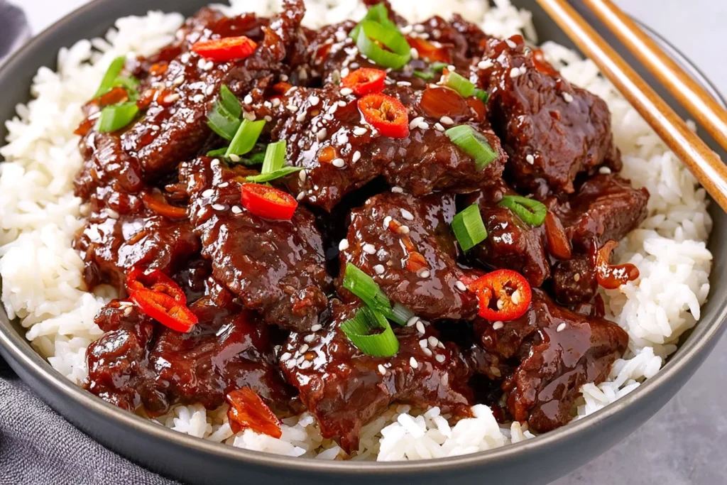 Slow Cooker Mongolian Beef served over white rice with glossy beef, green onions, red chili peppers, and sesame seeds.