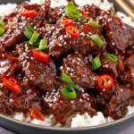 Slow Cooker Mongolian Beef served over white rice with glossy beef, green onions, red chili peppers, and sesame seeds.