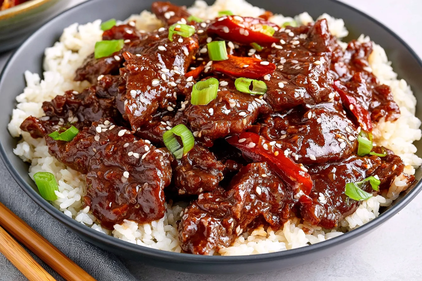 Slow Cooker Mongolian Beef with tender glazed beef, white rice, green onions, red peppers, and sesame seeds.