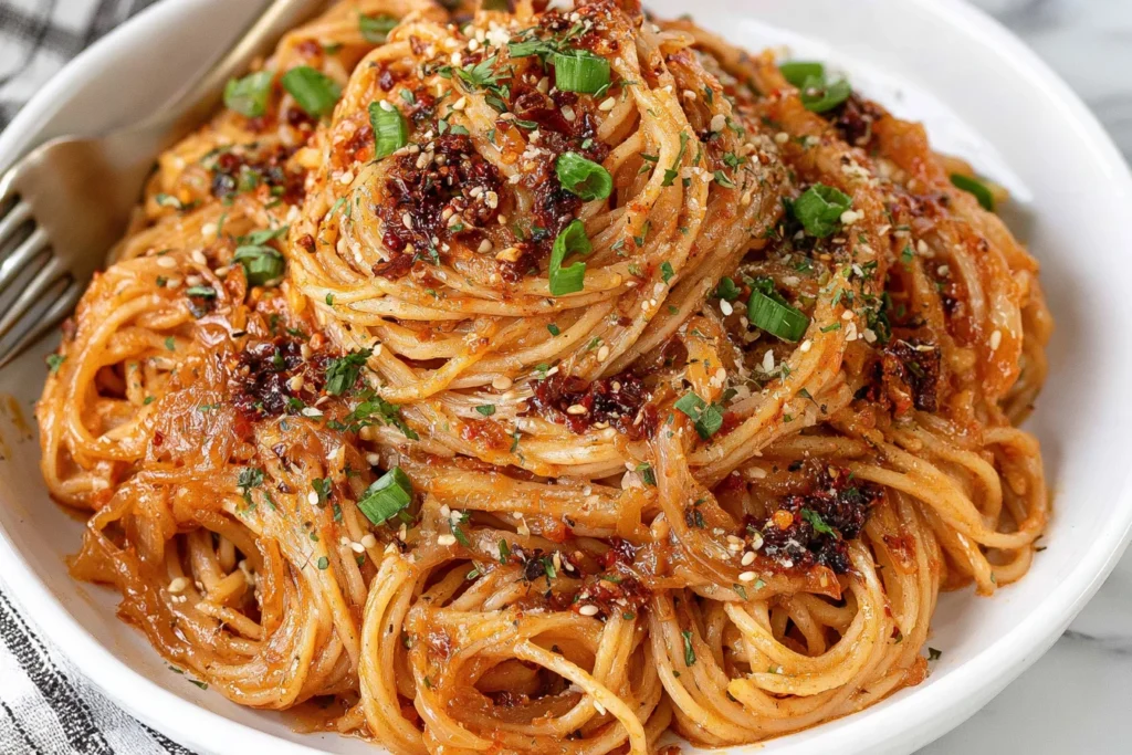 Caramelized Onion Pasta with Chili Oil topped with chili crisp, Parmesan, caramelized onions, and fresh green onions in a white bowl.