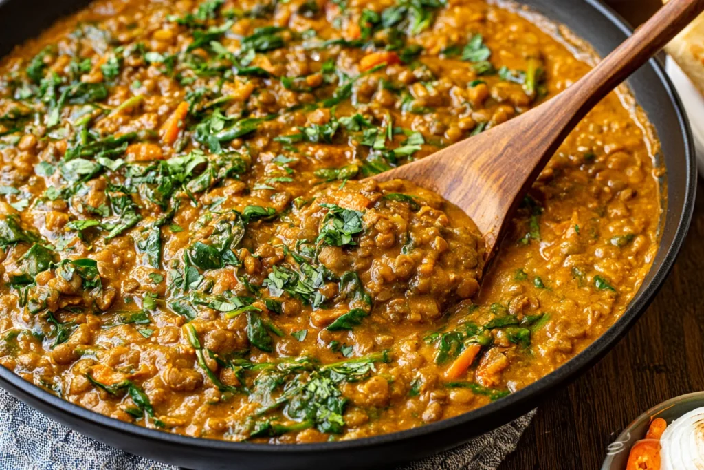 Spicy Lentils and Spinach simmered with carrots, aromatic spices, and fresh herbs in a skillet.