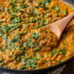 Spicy Lentils and Spinach simmered with carrots, aromatic spices, and fresh herbs in a skillet.