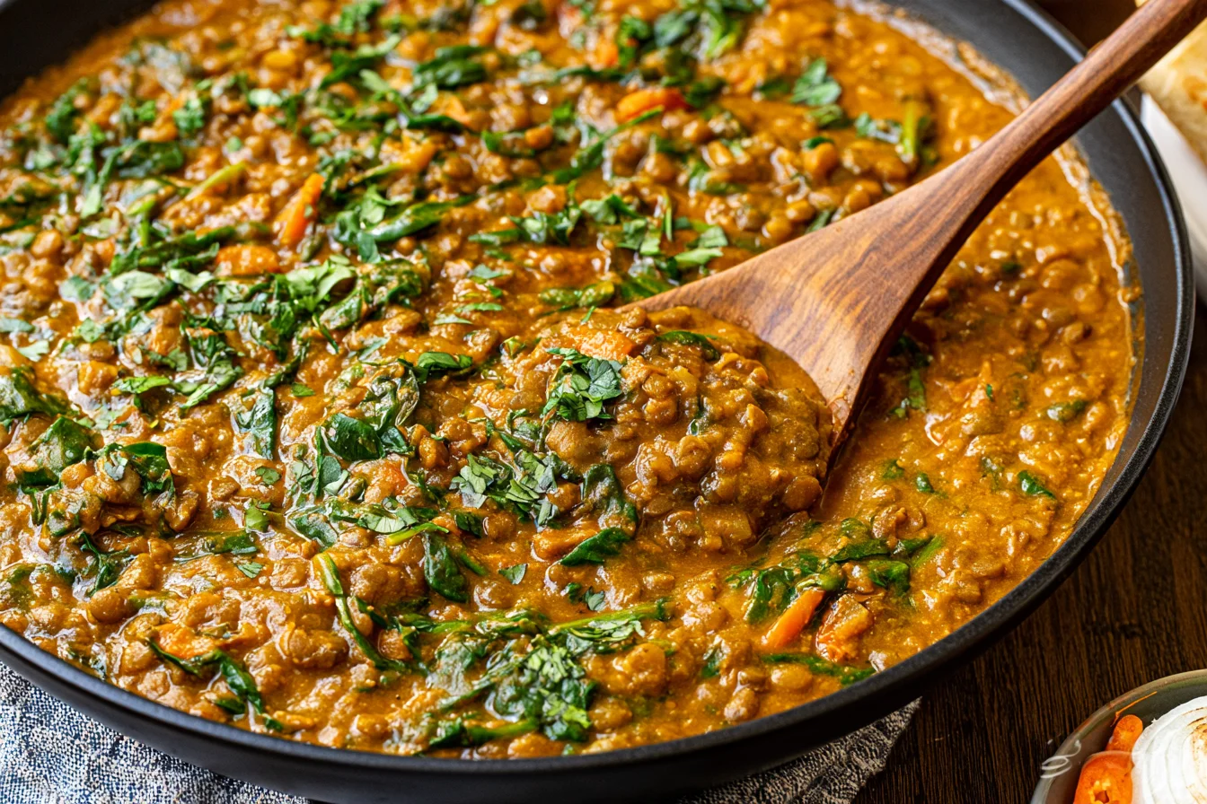 Spicy Lentils and Spinach simmered with carrots, aromatic spices, and fresh herbs in a skillet.