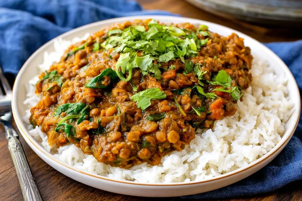 Spicy Lentils and Spinach served over fluffy white rice with carrots, warm spices, and fresh cilantro.