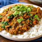 Spicy Lentils and Spinach served over fluffy white rice with carrots, warm spices, and fresh cilantro.
