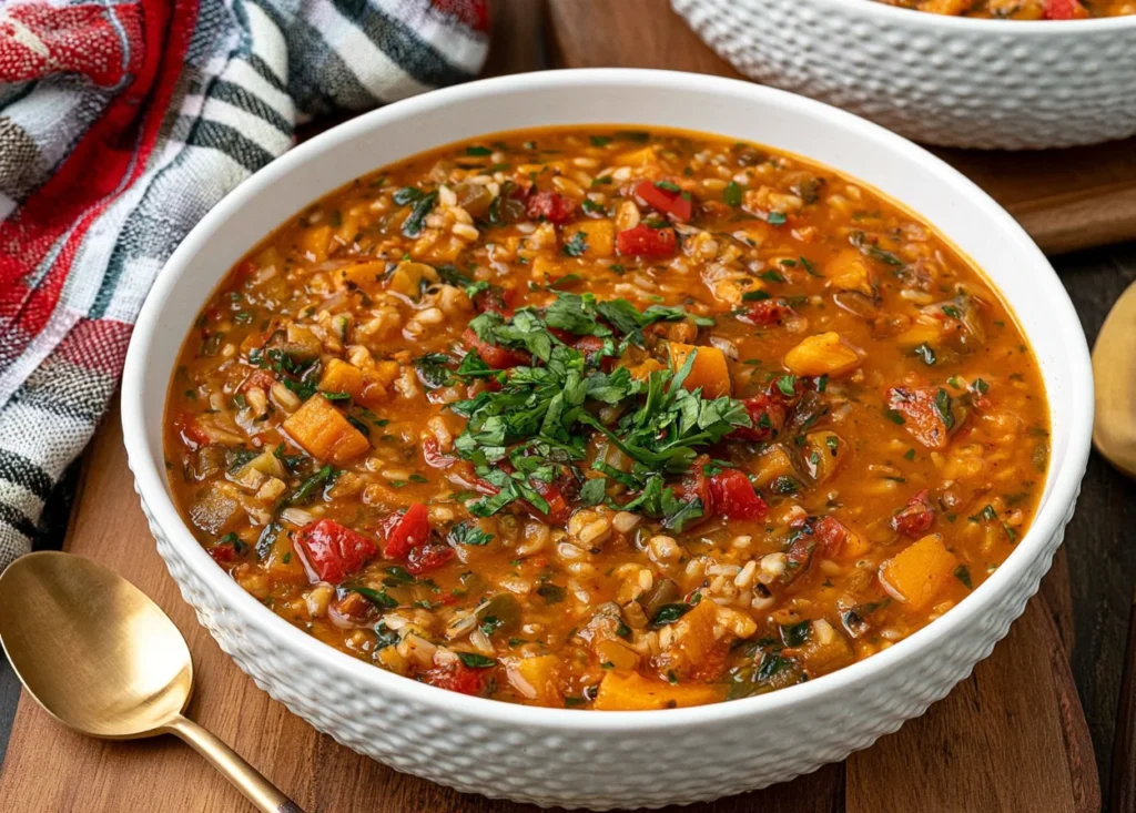 Spicy Sweet Potato Vegetable and Rice Soup with tender sweet potatoes, rice, red peppers, fresh herbs, and a flavorful tomato broth.