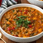 Spicy Sweet Potato Vegetable and Rice Soup with tender sweet potatoes, rice, red peppers, fresh herbs, and a flavorful tomato broth.