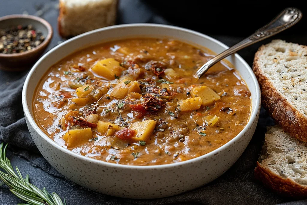 Sun Dried Tomato Lentil Soup with lentils, butternut squash, potatoes, sun dried tomatoes, and herbs served with crusty bread.