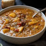 Sun Dried Tomato Lentil Soup with lentils, butternut squash, potatoes, sun dried tomatoes, and herbs served with crusty bread.