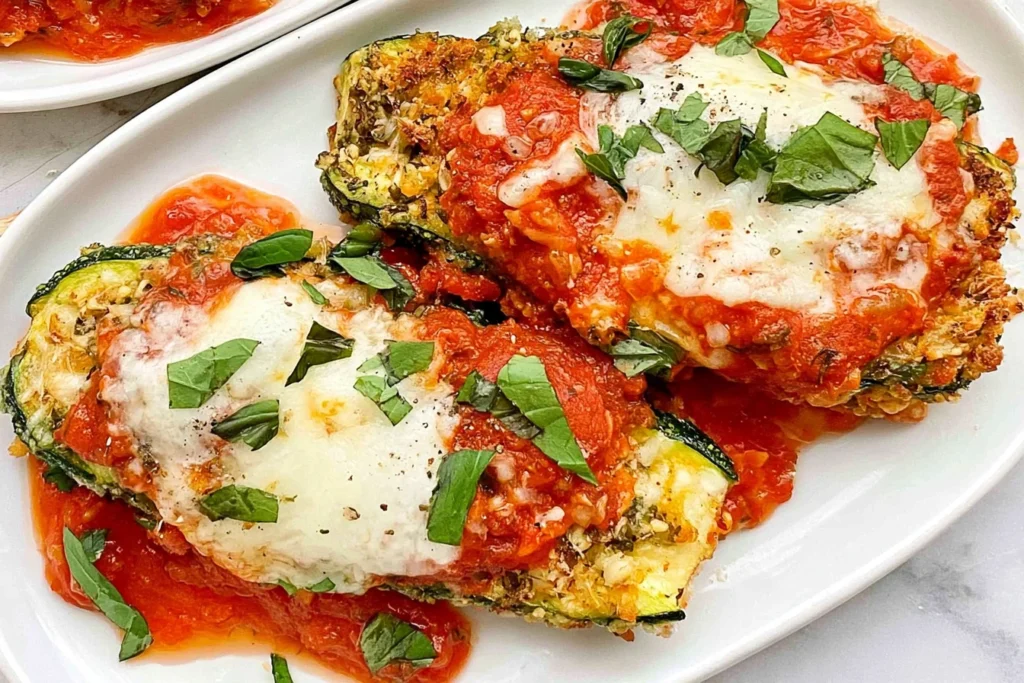 Three Cheese Zucchini Parmesan with crispy breaded zucchini, marinara sauce, melted cheese, and fresh basil on a white platter.