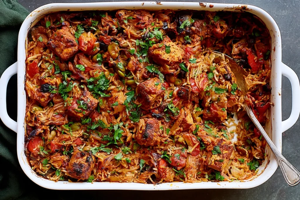 Tikka Masala Rice Bake with crispy tofu, basmati rice, roasted vegetables, and fresh cilantro in a white baking dish