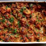 Tikka Masala Rice Bake with crispy tofu, basmati rice, roasted vegetables, and fresh cilantro in a white baking dish