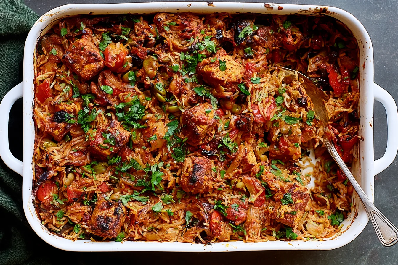 Tikka Masala Rice Bake with crispy tofu, basmati rice, roasted vegetables, and fresh cilantro in a white baking dish