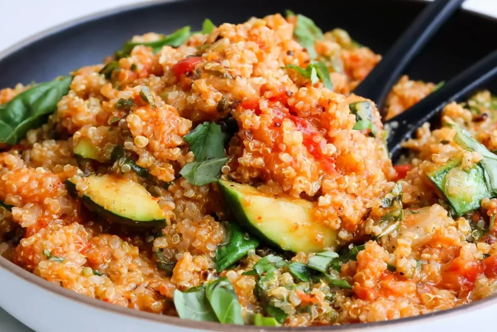 Tomato & Basil Quinoa Risotto with zucchini, juicy tomatoes, fresh basil, and quinoa in a rich tomato sauce.