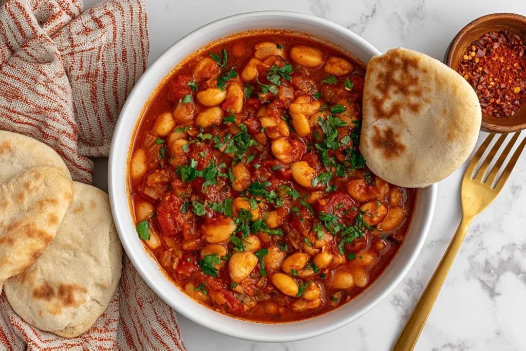 Moroccan Stewed White Beans- Loubia in a rich tomato and herb sauce, served with warm pita bread.