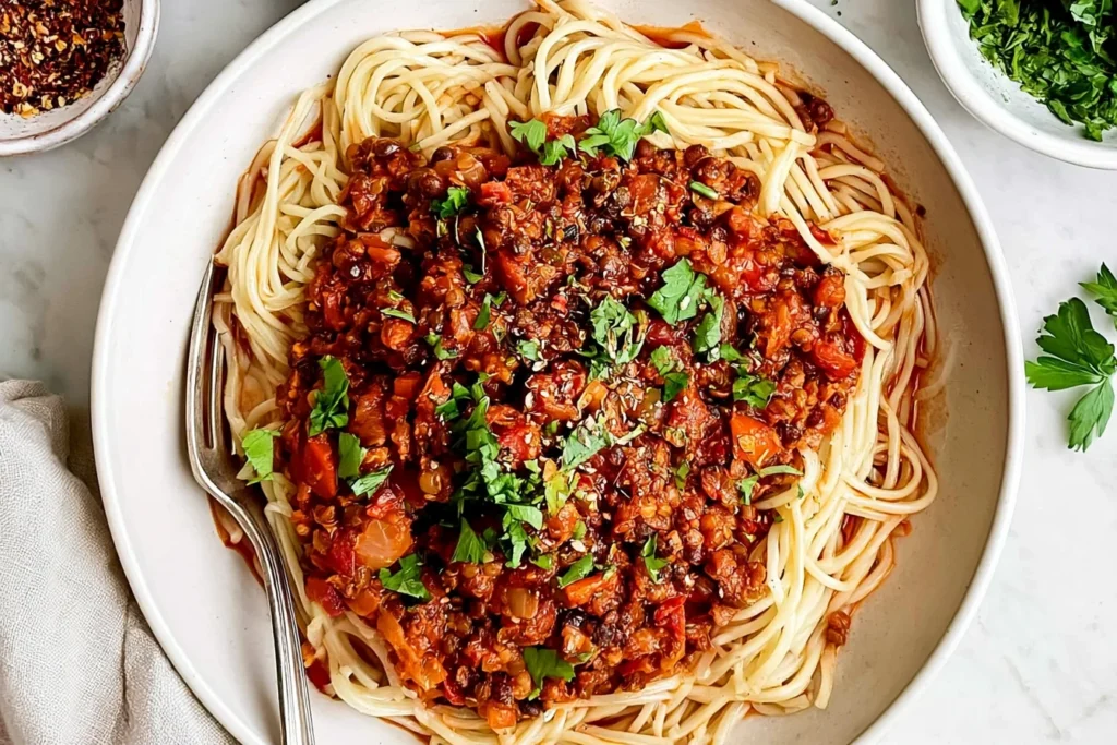 Vegan Lentil Bolognese with spaghetti, rich tomato lentil sauce, vegetables, and fresh chopped herbs