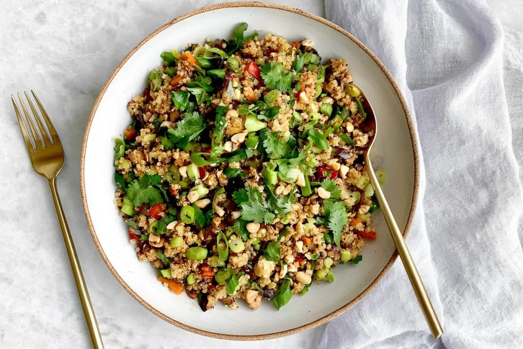 Vegan Thai Quinoa Salad with colorful vegetables, fresh cilantro, green onions, and chopped peanuts in a creamy peanut dressing.