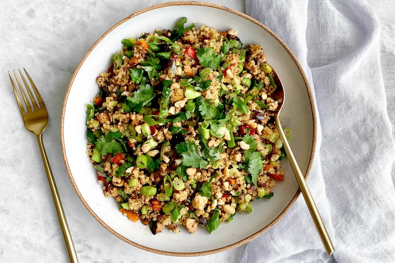 Vegan Thai Quinoa Salad with colorful vegetables, fresh cilantro, green onions, and chopped peanuts in a creamy peanut dressing.
