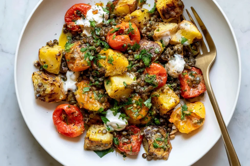 Warm Roasted Lentil & Potato Salad with crispy golden potatoes, roasted cherry tomatoes, green lentils, fresh parsley, and creamy dressing.