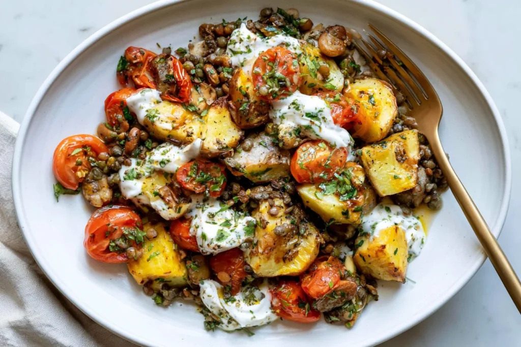 Warm Roasted Lentil & Potato Salad with golden potatoes, roasted cherry tomatoes, green lentils, fresh herbs, and creamy dressing.