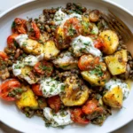 Warm Roasted Lentil & Potato Salad with golden potatoes, roasted cherry tomatoes, green lentils, fresh herbs, and creamy dressing.
