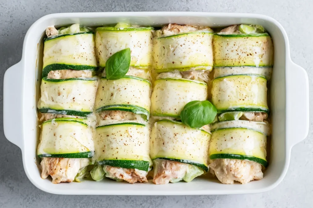 Zucchini Chicken Alfredo Roll Ups filled with shredded chicken and creamy Alfredo sauce arranged in a white baking dish.