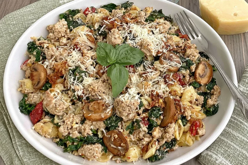 Healthier Marry Me Ground Chicken Skillet with spinach, sun-dried tomatoes, mushrooms, artichokes, Parmesan, and fresh basil.