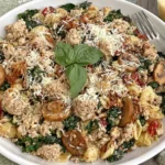 Healthier Marry Me Ground Chicken Skillet with spinach, sun-dried tomatoes, mushrooms, artichokes, Parmesan, and fresh basil.