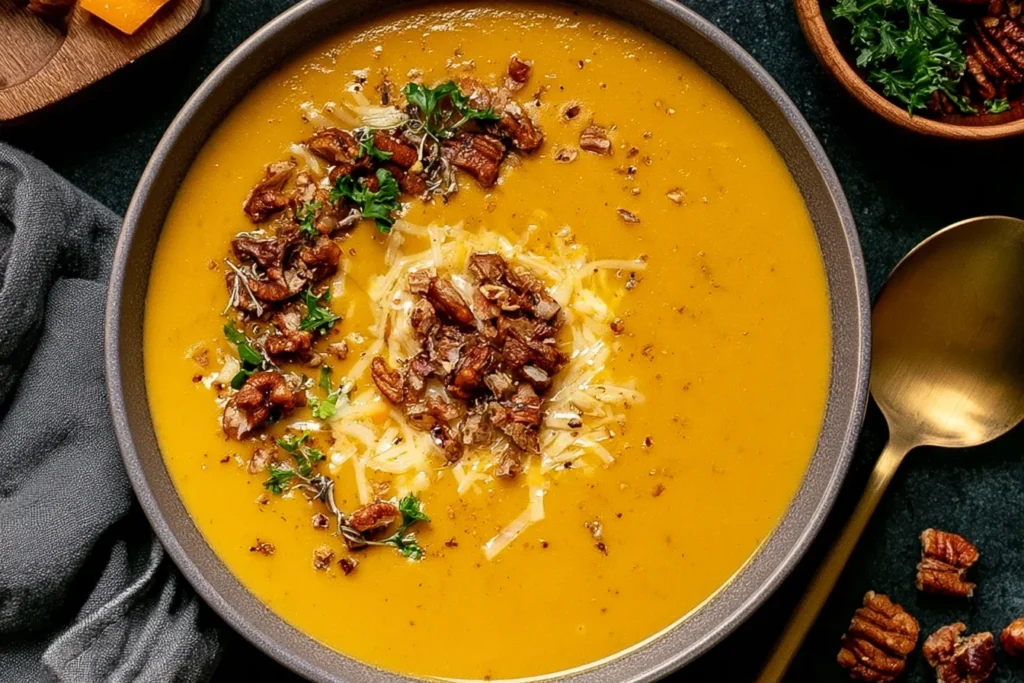 Apple Cheddar Sweet Potato Soup topped with shredded cheddar, toasted pecans, fresh herbs, and black pepper in a rustic bowl.