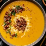 Apple Cheddar Sweet Potato Soup topped with shredded cheddar, toasted pecans, fresh herbs, and black pepper in a rustic bowl.