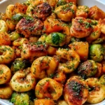 Autumn Chicken Tortellini with Butternut Squash & Brussels Sprouts featuring golden-seared chicken, cheesy tortellini, roasted squash, and fresh herbs.