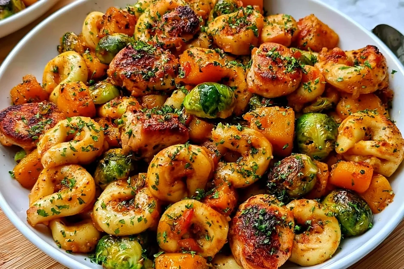Autumn Chicken Tortellini with Butternut Squash & Brussels Sprouts featuring golden-seared chicken, cheesy tortellini, roasted squash, and fresh herbs.