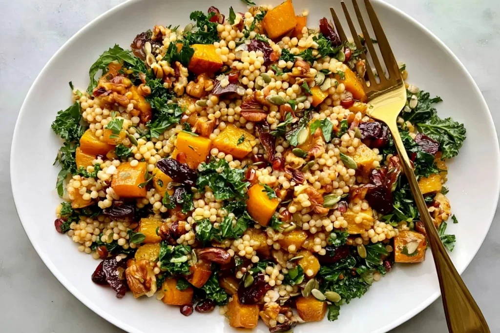 Autumn Pearl Couscous Salad with roasted butternut squash, chopped kale, dried cranberries, crunchy pecans, and pearl couscous on a white plate.