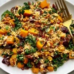 Autumn Pearl Couscous Salad with roasted butternut squash, chopped kale, dried cranberries, crunchy pecans, and pearl couscous on a white plate.