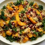 Autumn Pearl Couscous Salad with roasted butternut squash, fresh kale, dried cranberries, and golden pearl couscous served on a white plate.