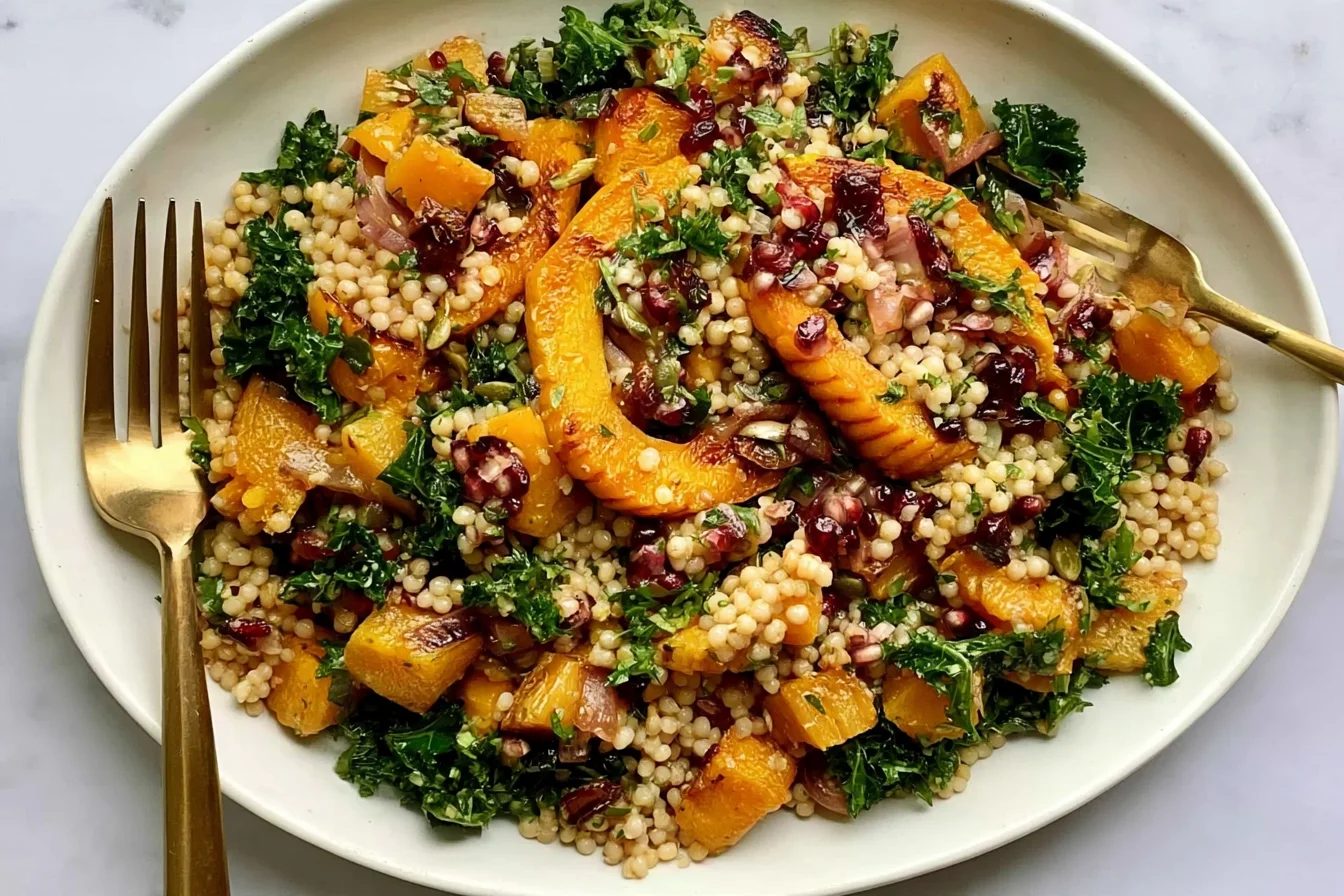 Autumn Pearl Couscous Salad with roasted butternut squash, fresh kale, dried cranberries, and golden pearl couscous served on a white plate.