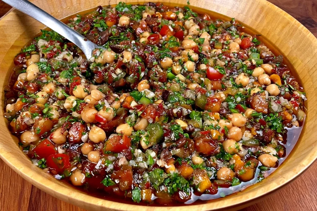 Balela Salad (Lebanese Chickpea Salad) with tender chickpeas, diced tomatoes, cucumber, red onion, fresh parsley, and tangy pomegranate dressing in a wooden bowl.