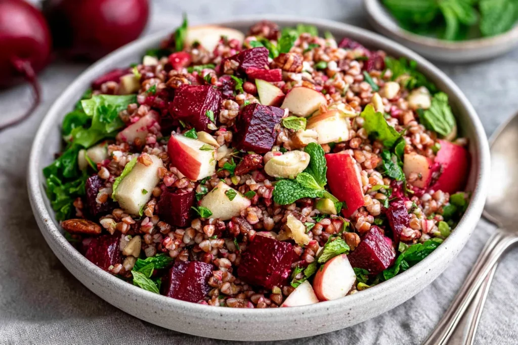 Buckwheat Salad With Beets & Apples featuring roasted red beets, crisp apples, toasted walnuts, fresh herbs, and tender buckwheat in a ceramic bowl.