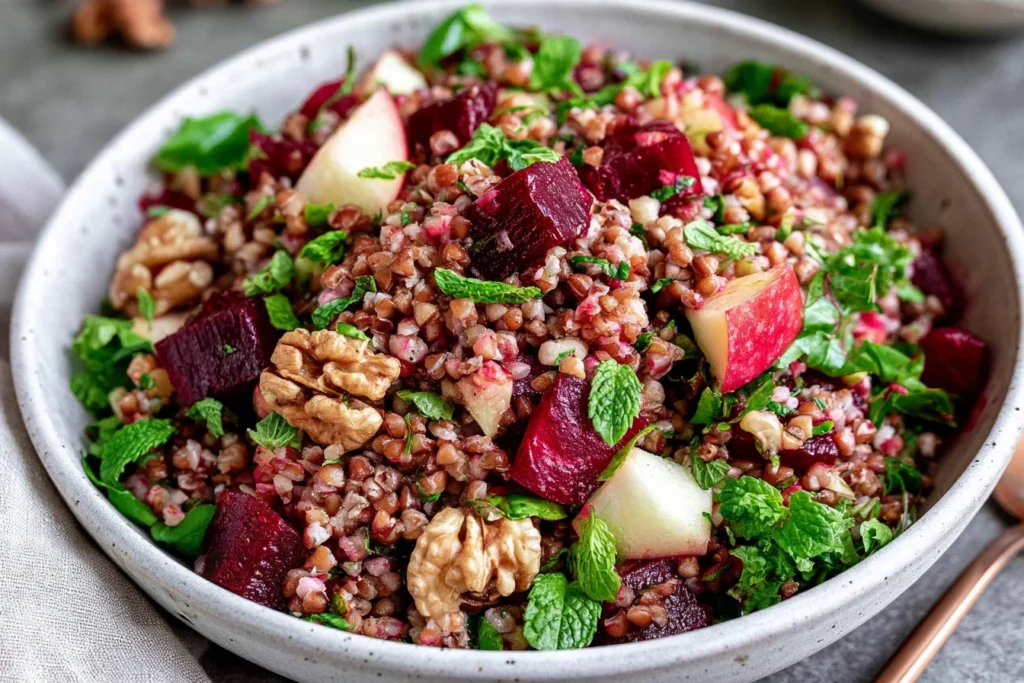 Close-up of Buckwheat Salad With Beets & Apples featuring tender buckwheat, roasted red beets, crisp apple chunks, crunchy walnuts, and fresh green herbs.