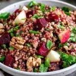 Close-up of Buckwheat Salad With Beets & Apples featuring tender buckwheat, roasted red beets, crisp apple chunks, crunchy walnuts, and fresh green herbs.
