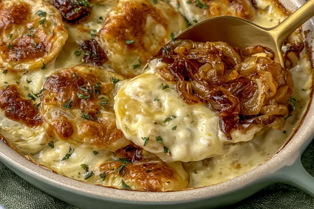 Close-up of Caramelized Onion Potatoes au Gratin with creamy potato layers, melted golden Gruyère cheese, sweet caramelized onions, and fresh thyme on a serving spoon.