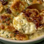 Close-up of Caramelized Onion Potatoes au Gratin with creamy potato layers, melted golden Gruyère cheese, sweet caramelized onions, and fresh thyme on a serving spoon.