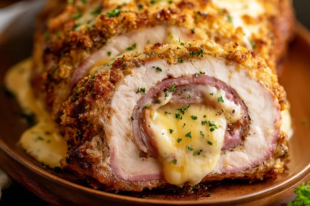 Chicken Cordon Bleu Meatloaf sliced to reveal layers of ham and melted Swiss cheese inside a golden breadcrumb crust.