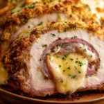 Chicken Cordon Bleu Meatloaf sliced to reveal layers of ham and melted Swiss cheese inside a golden breadcrumb crust.
