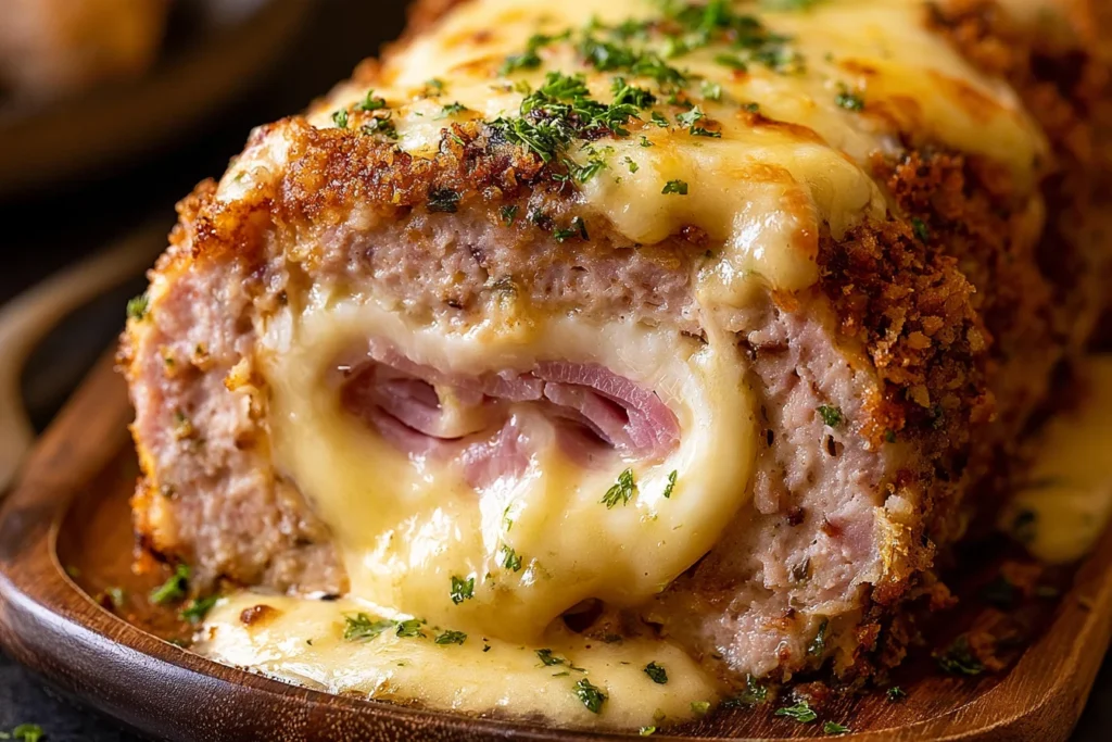 Chicken Cordon Bleu Meatloaf sliced open with melted Swiss cheese and ham filling, topped with golden cheese and fresh parsley.
