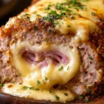 Chicken Cordon Bleu Meatloaf sliced open with melted Swiss cheese and ham filling, topped with golden cheese and fresh parsley.