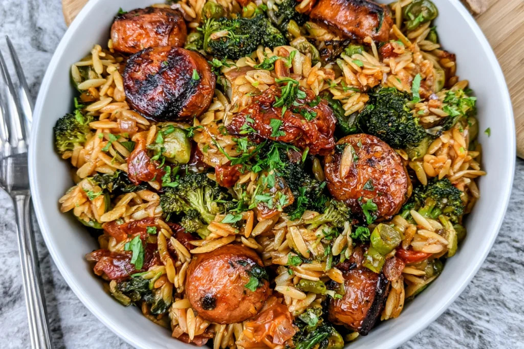 Chicken Sausage Broccoli and Orzo Skillet in a white bowl featuring golden-browned chicken sausage slices, tender broccoli, orzo pasta, and fresh herbs.